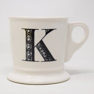 Anthropologie Mug K Initial Shaving Barber Cup Monogram White Black Boho 12 oz